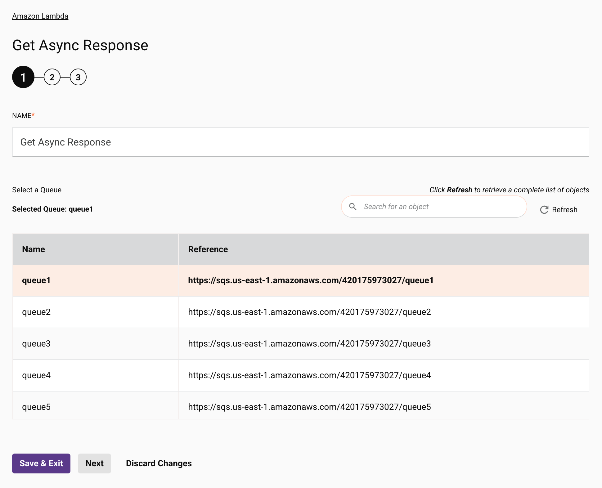 Amazon Lambda Get Async Response activity configuration step 1