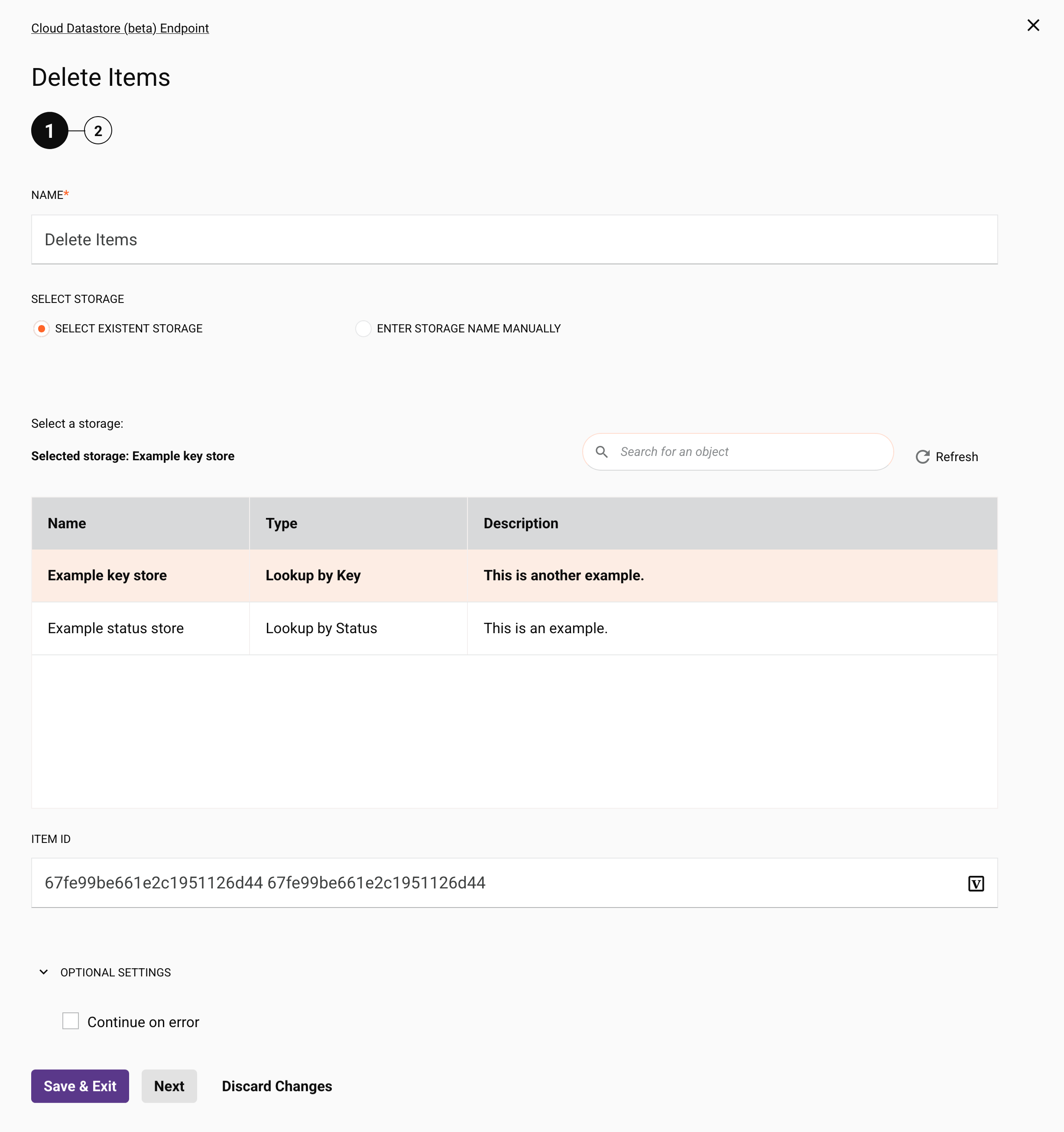 Cloud Datastore (Beta) Delete Items activity Configuration Step 1