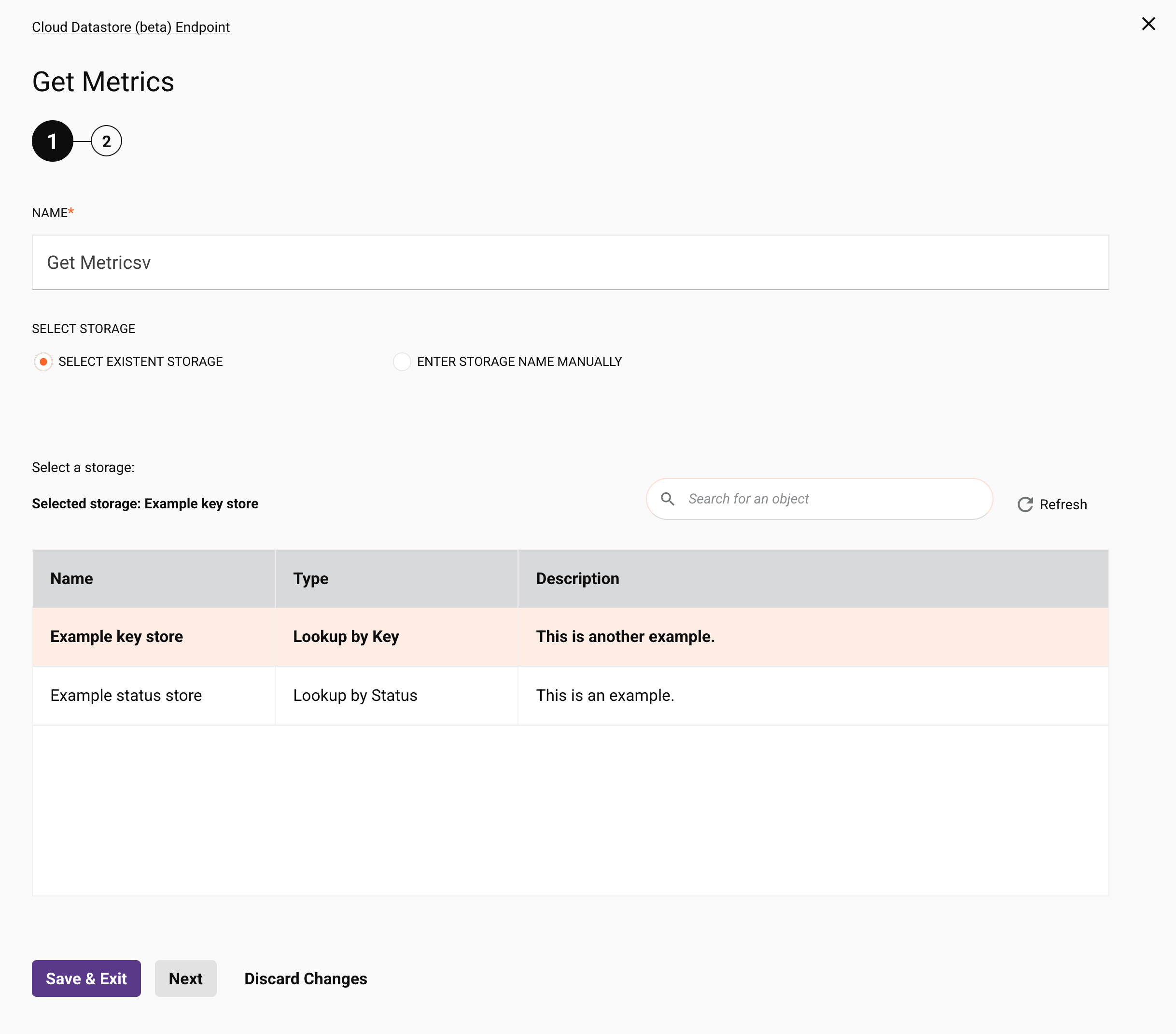 Cloud Datastore (Beta) Get Metrics activity Configuration Step 1