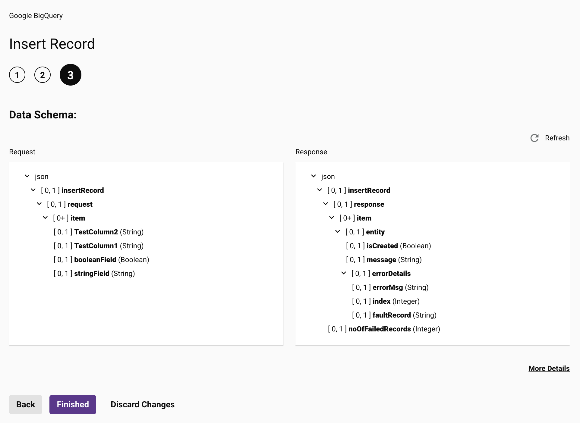 Google BigQuery Insert Record activity configuration step 3