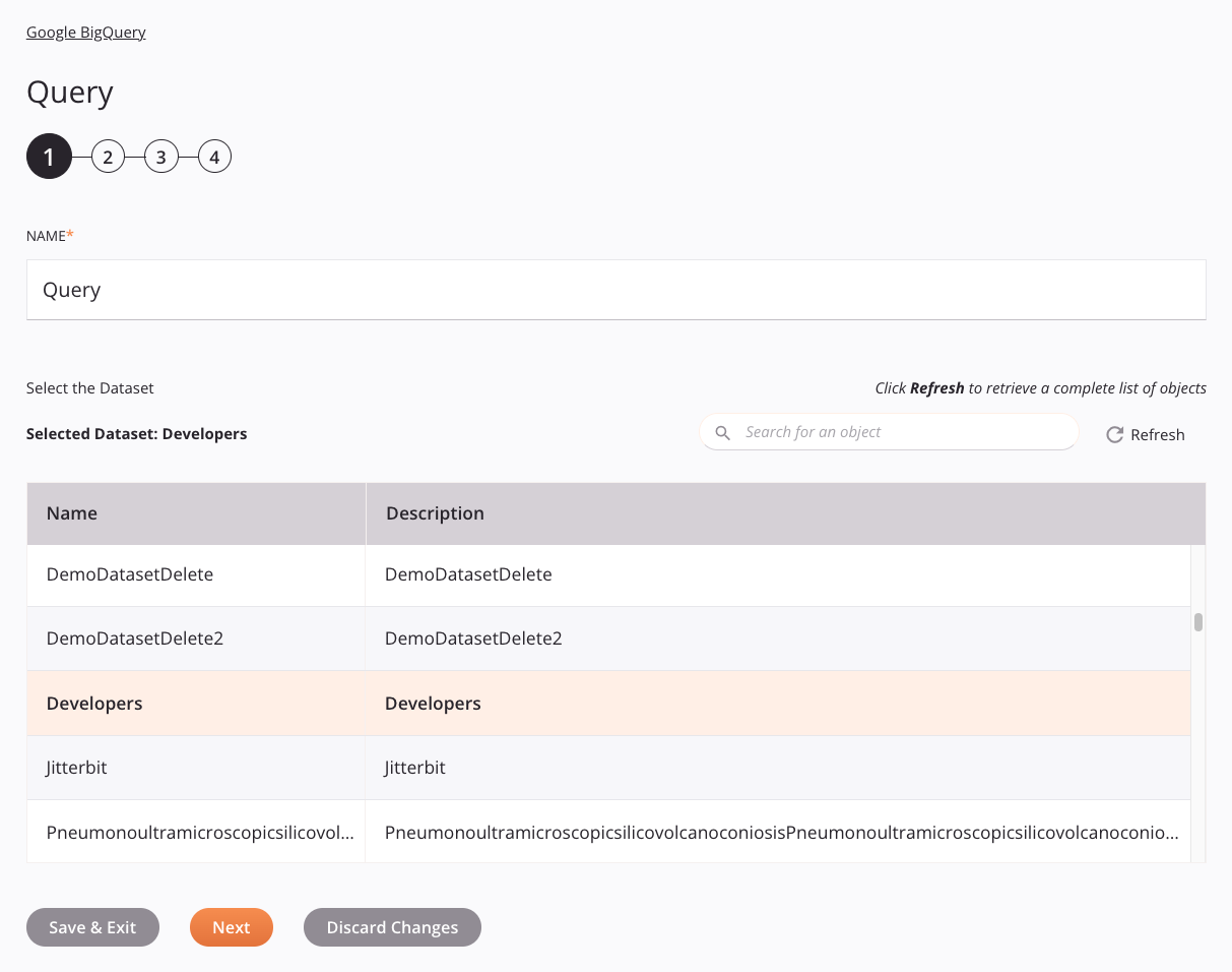 Google BigQuery Abfrageaktivitätskonfiguration Schritt 1