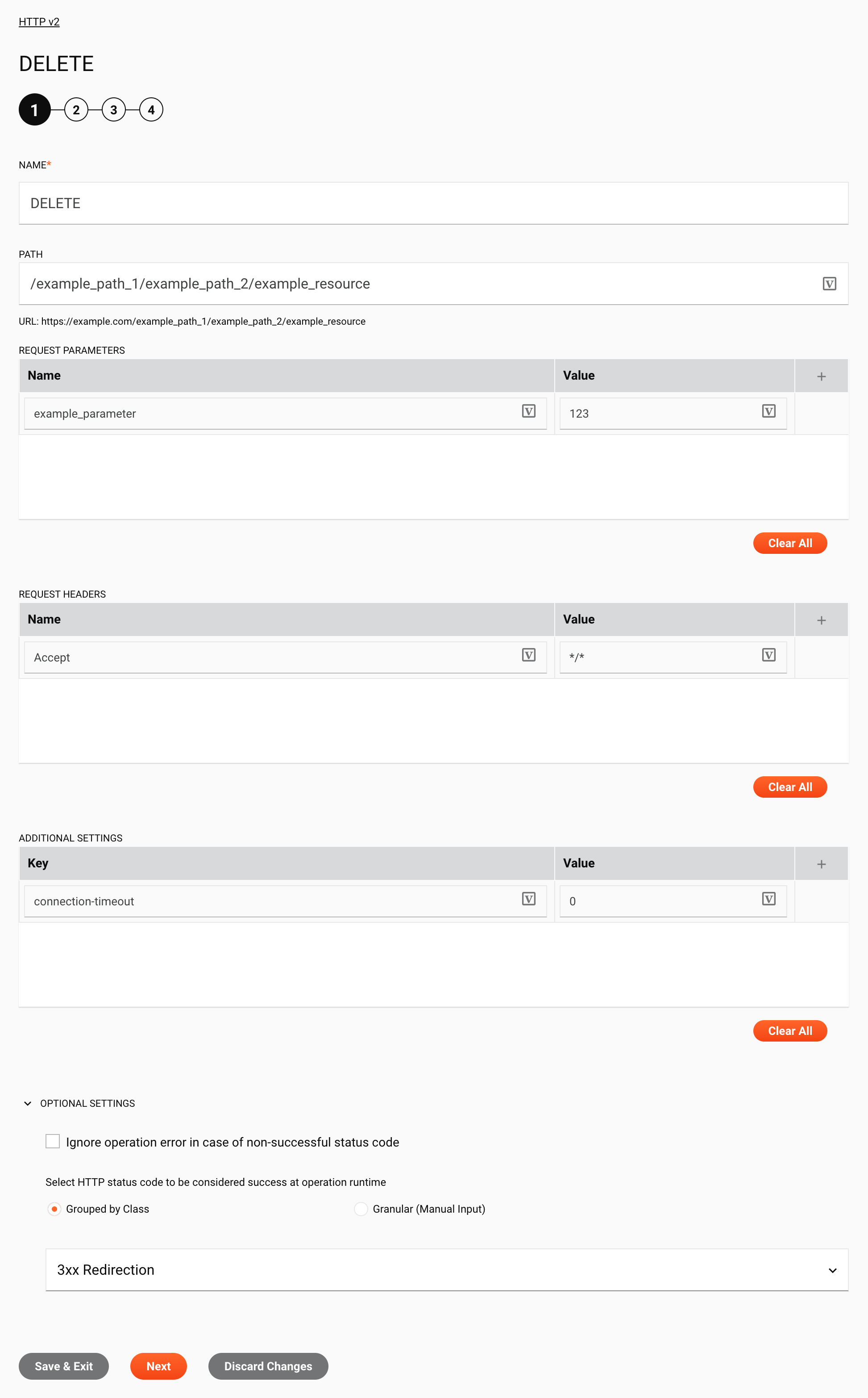 HTTP v2 DELETE activity configuration step 1