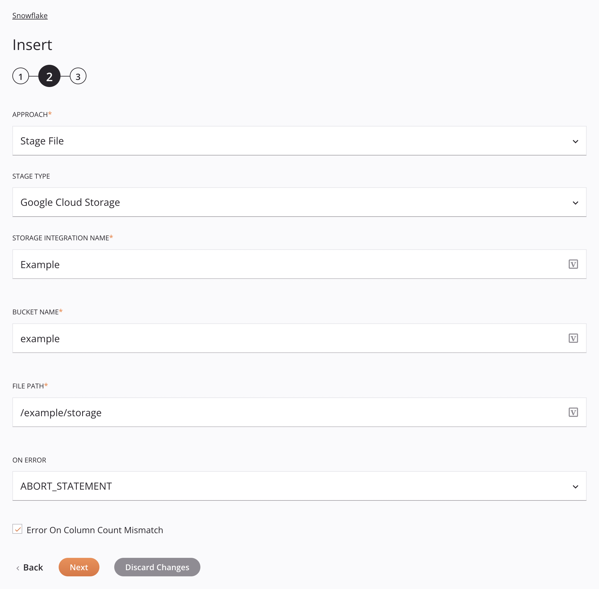 Etapa 2 da configuração da atividade de inserção do Snowflake Abordagem do arquivo do estágio do Google Cloud Storage