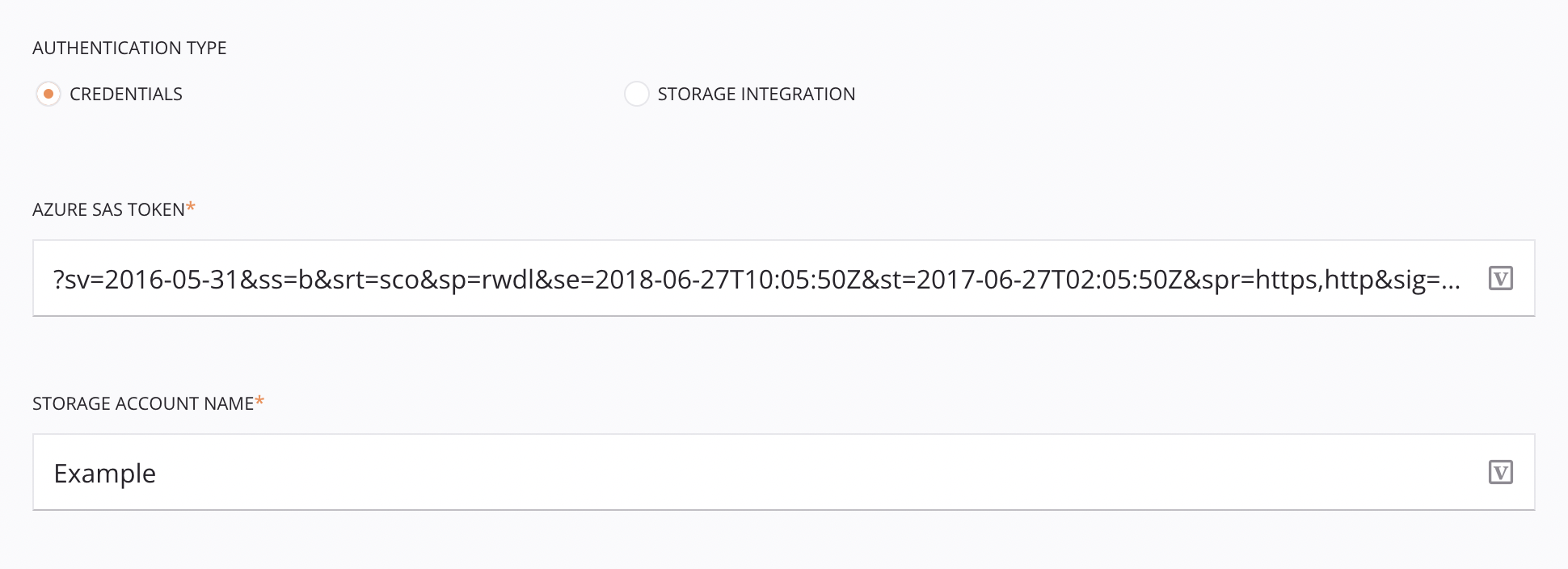 Etapa 2 da configuração da atividade de inserção do Snowflake Credenciais da abordagem do arquivo de estágio do Microsoft Azure