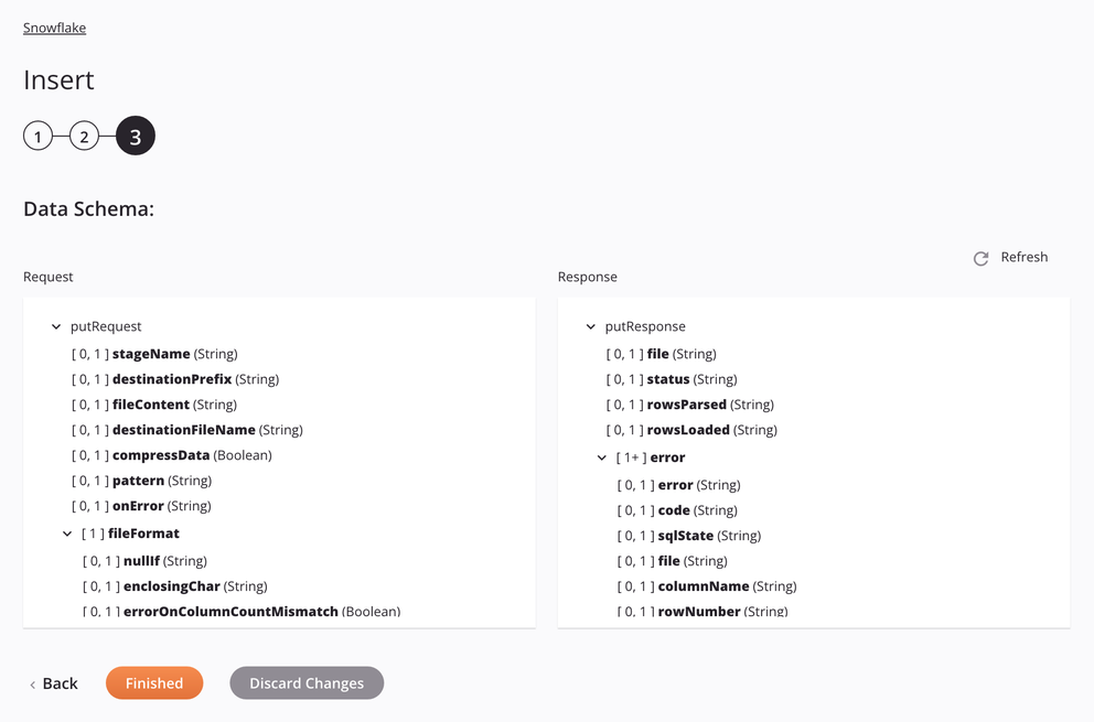 Abordagem do arquivo de estágio interno da etapa 3 da configuração da atividade Inserir Snowflake