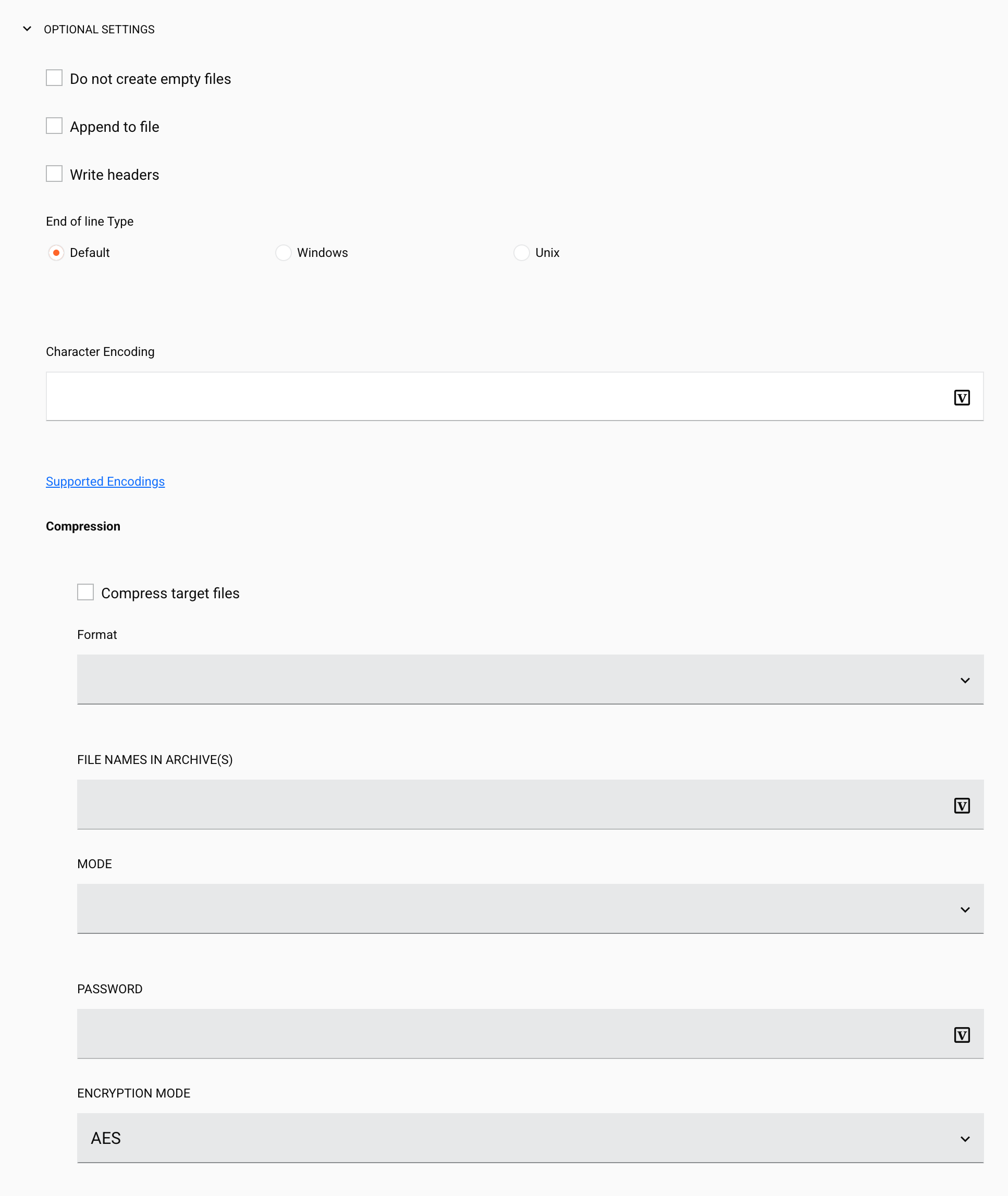 Configurações opcionais da atividade de Gravação de Armazenamento Temporário 1