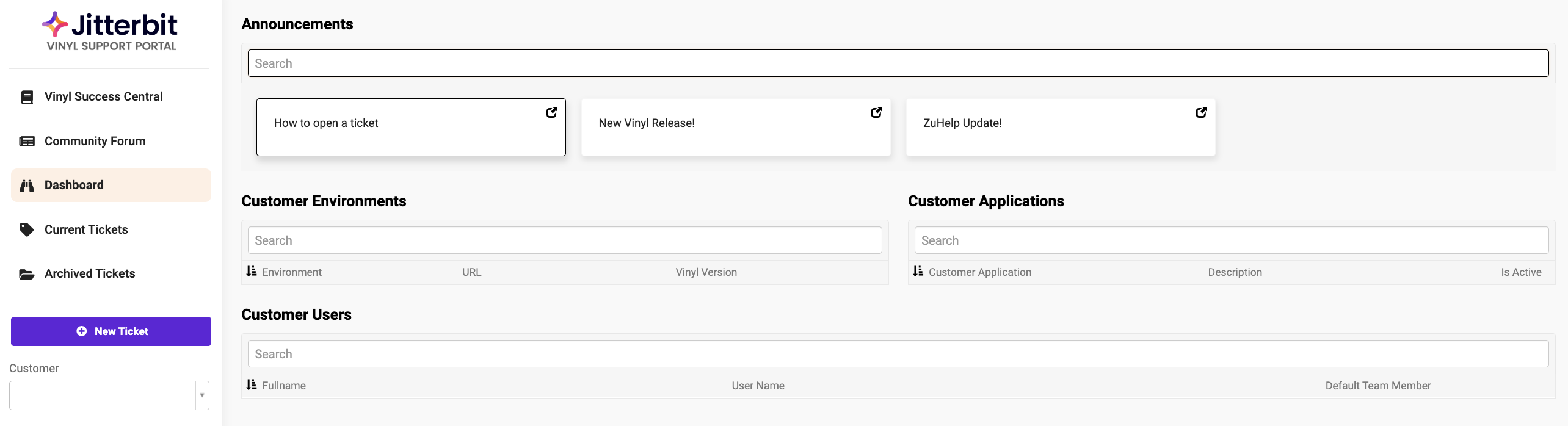 Painel do portal de suporte do App Builder